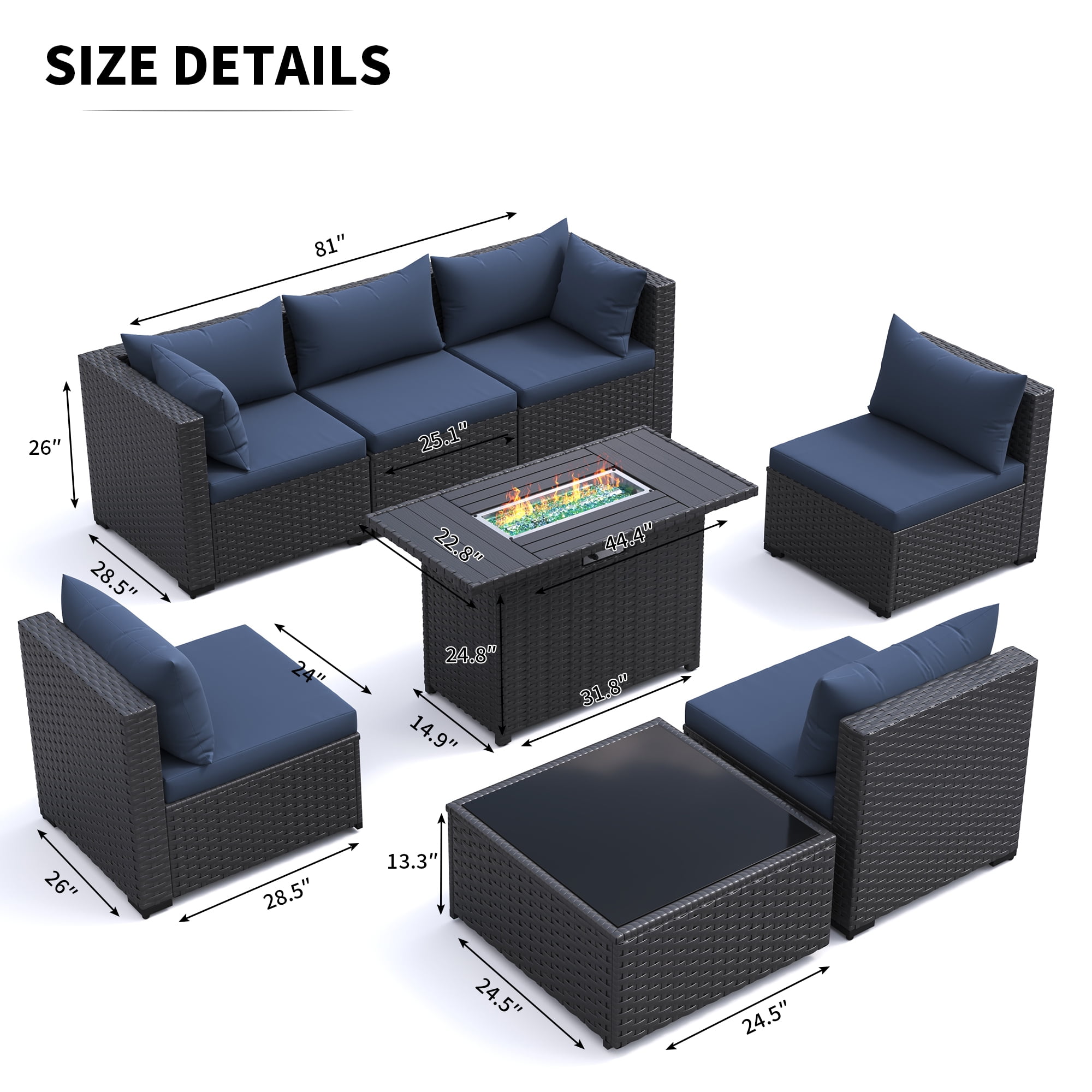 MRUAKA 8 Pieces Patio Furniture Set with Fire Pit Table, Outdoor Furniture Sectional Rattan Sofa, Patio Couch with Glass Coffee Table for Backyard Garden (Navy)