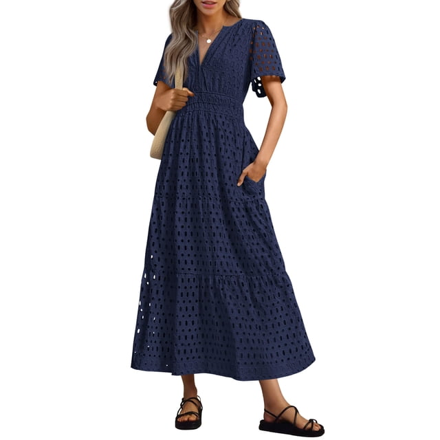 Vestido largo PRETTYGARDEN 2025 para verano, cuello en V, ojales, azul marino, talla M