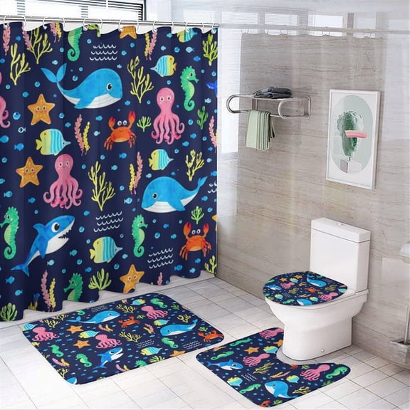 Bathroom Decor Shower Curtain Set with Rugs, Cute Ocean Animals Design, Polyester, Washable