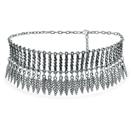 Native American Southwestern Style Dangling Feather Wide Choker Silver Tone Metal Necklace For Women Adjustable