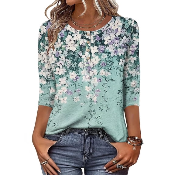Jsaierl Womens 3/4 Length Sleeve Tops Summer Button Up Round Neck Shirts Trendy Graphic Petite Blouses Soft Elegant Tunic Top S-2XL