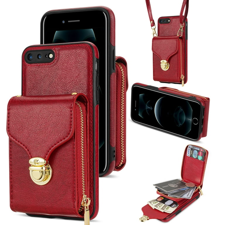 Crossbody Wallet Case for iPhone 8 Plus iPhone 7 Plus with Detachable Shoulder Strap Premium PU Leather Metal Snap Zipper Pocket Credit Card Holder
