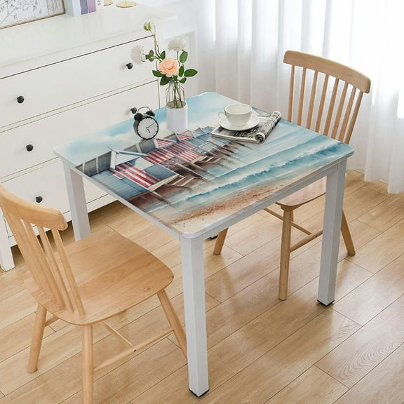 HAOXIT Nautical Coastal Rectangle , Waterproof Elastic Fitted Table Covers for Square Tables, Decorative s for Picnic, Camping, Indoor, Outdoor, Watercolor Beach Hut 44''x44''