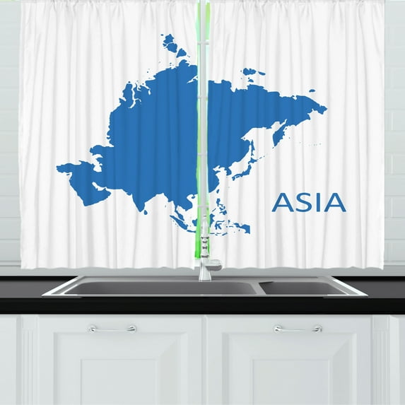 Asian Kitchen Curtains, Continent Map in Monochrome Style Geography Illustration on Plain Backdrop, Two Panels Drapes with Rod Pocket Room Decor, 55" X 45", Azure Blue and White, by Ambesonne