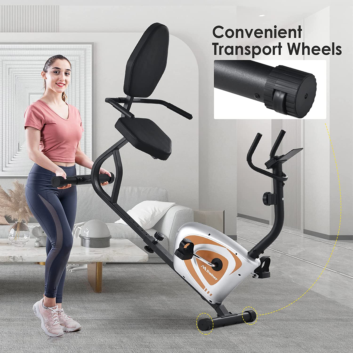 YY Style Indoor Recumbent Exercise Bike with Wheel, Stationary Exercise Bike with LCD and Bluetooth Monitor, Fitness Exercise Equipment for Home and Office, 8-level Resistance, 380 Lbs. Capacity, R092 - image 5 of 8
