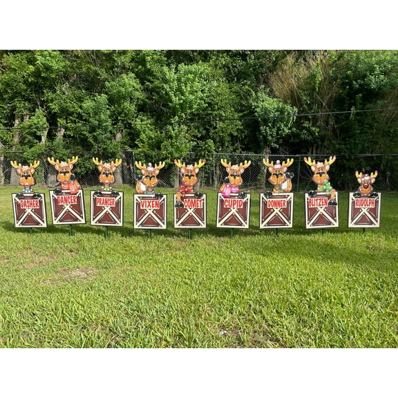 9 PC Reindeer Set - Outdoor Wooden Christmas Yard Art