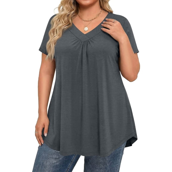 Womens Plus Size Tops Basic Summer Shirts Short Sleeve V Neck Tunics Casual T-Shirt Loose Fits Dark Gray 2XL