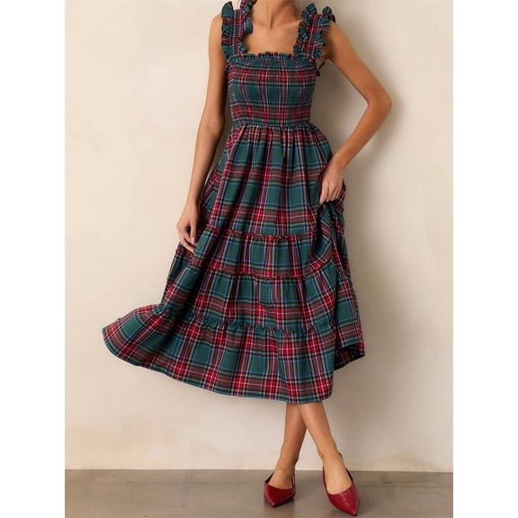 Women's Christmas Plaid Smocked Midi Dress Ruffle Strap Tiered Casual Dress Vintage Gingham Backless Flowy A-Line Dress For Holiday Party Clothes