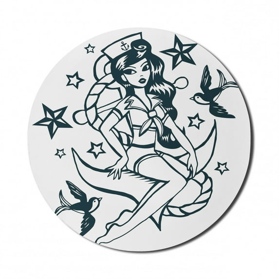 Anchor Mouse Pad for Computers, Pin-up Girl Nautical Sailor Suit Surrounded by Swallow Birds Stars Hand Drawn, Round Non-Slip Thick Rubber Modern Mousepad, 8" Round, Teal and White, by Ambesonne