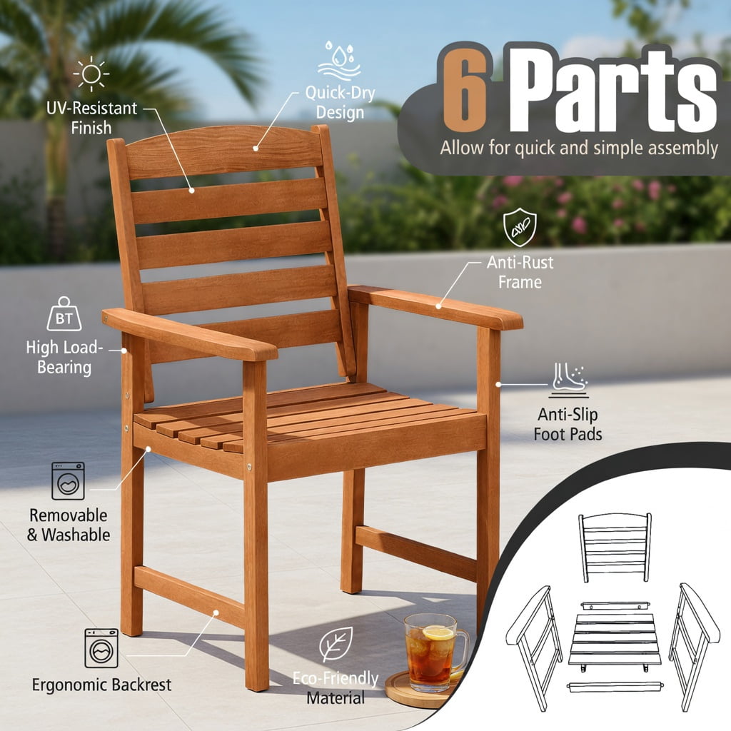 Hommoo Rustic Wood Outdoor Dining Chairs, Ergonomic 105° Backrest, Slatted Contoured Seat, Set of 2 Patio Chairs for Deck, Porch & Garden, Natural