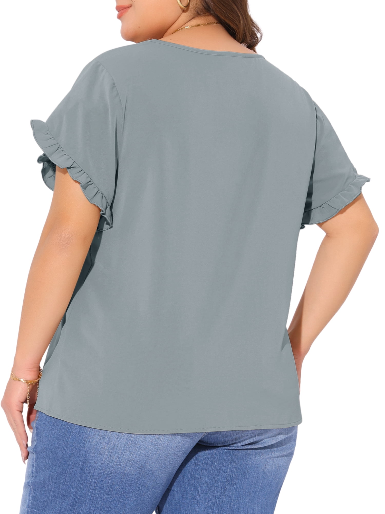 DARING DIVA Women's Plus Crew Neck Ruffle Blouse 4X Gray Blue