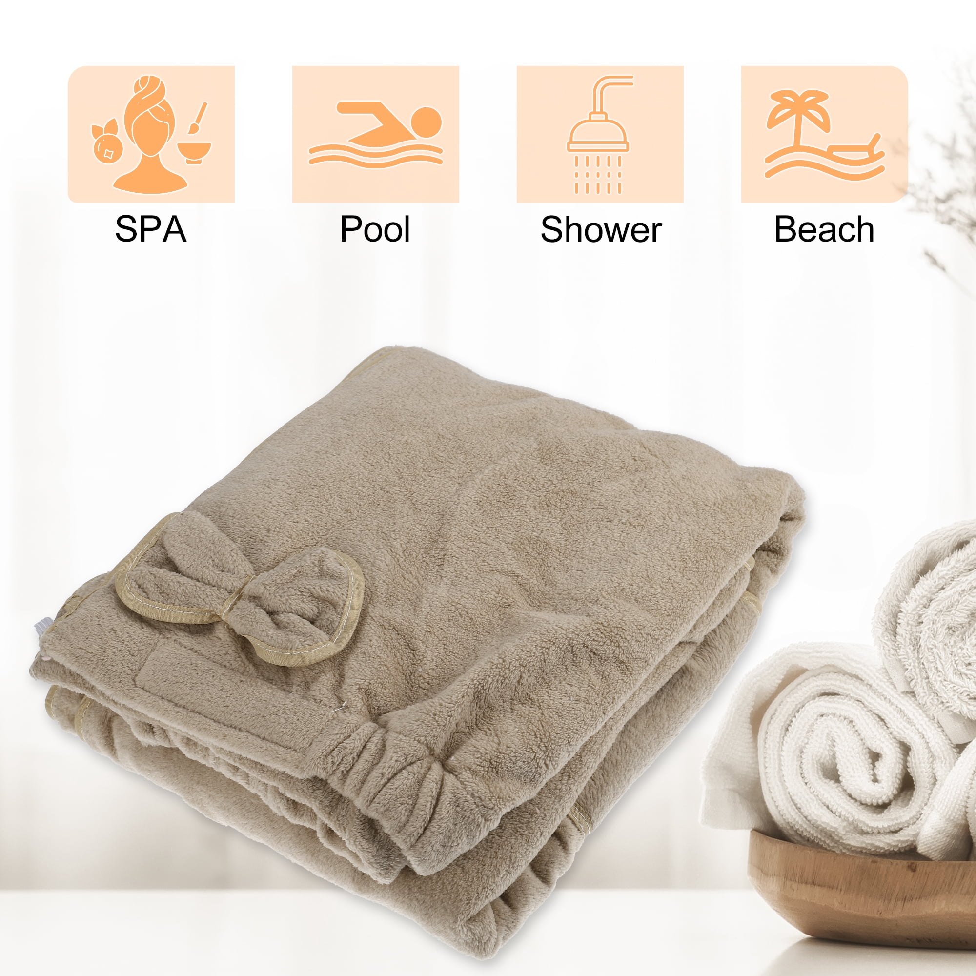 Unique Bargains Bath Wrap Towel for Women Adjustable Closure Shower Wrap with Pocket Beige