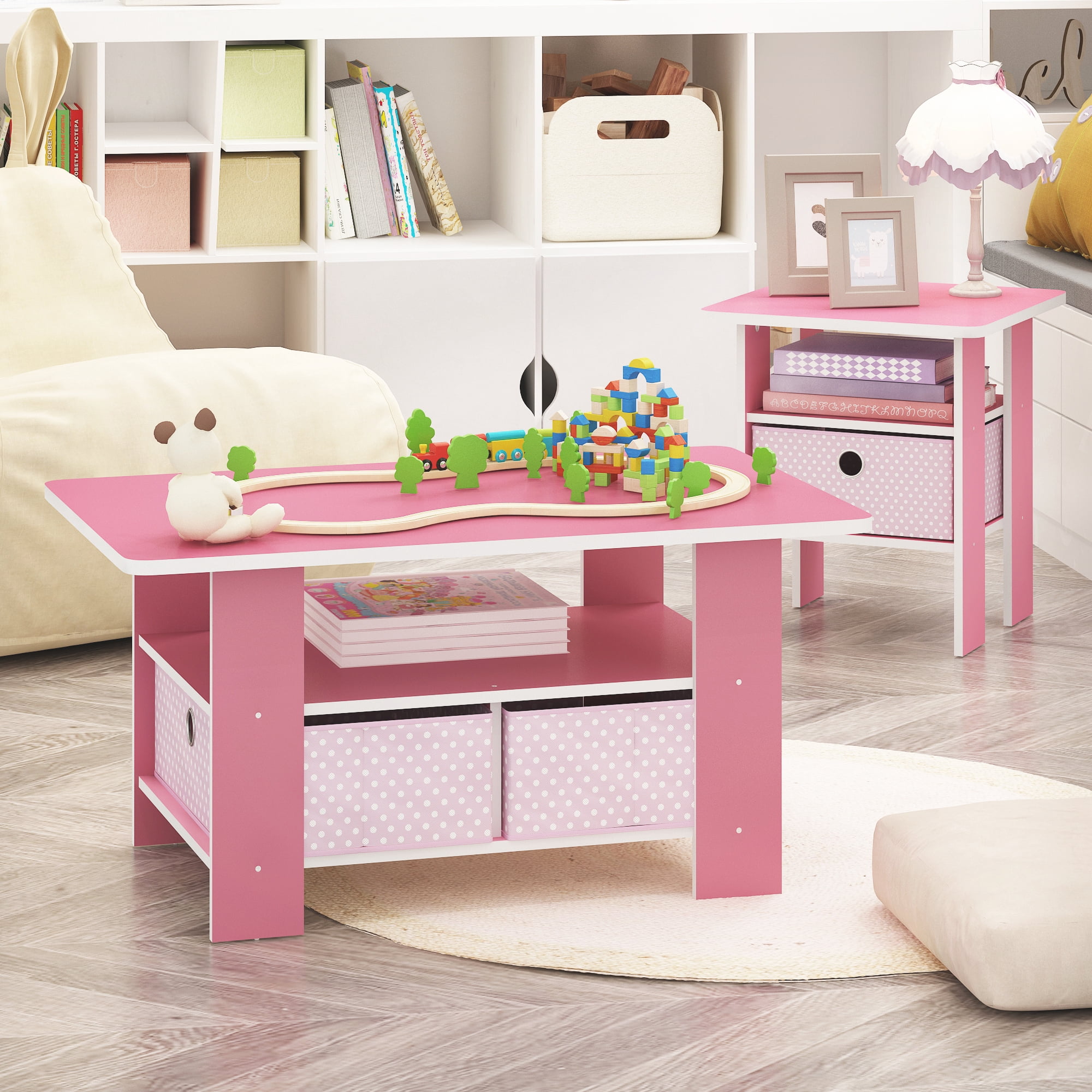 Furinno Andrey Engineered Wood End Table with Bin Drawer in Light Pink