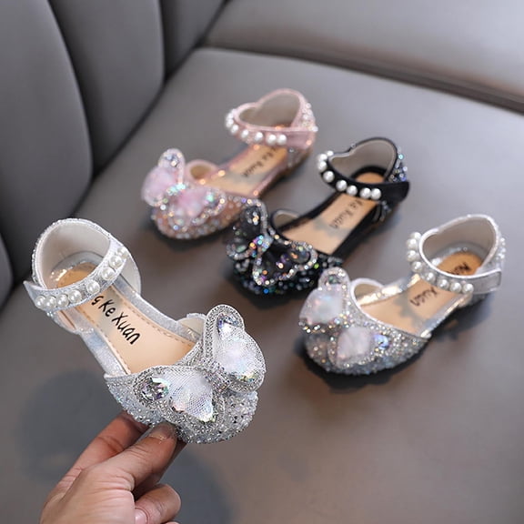 Girls Pearl Glitter Bow Flat Sandals Low Block Heel Dressy Shoes Non‑Slip Soft Sole Sparkly Shoes for Wedding Birthday Party