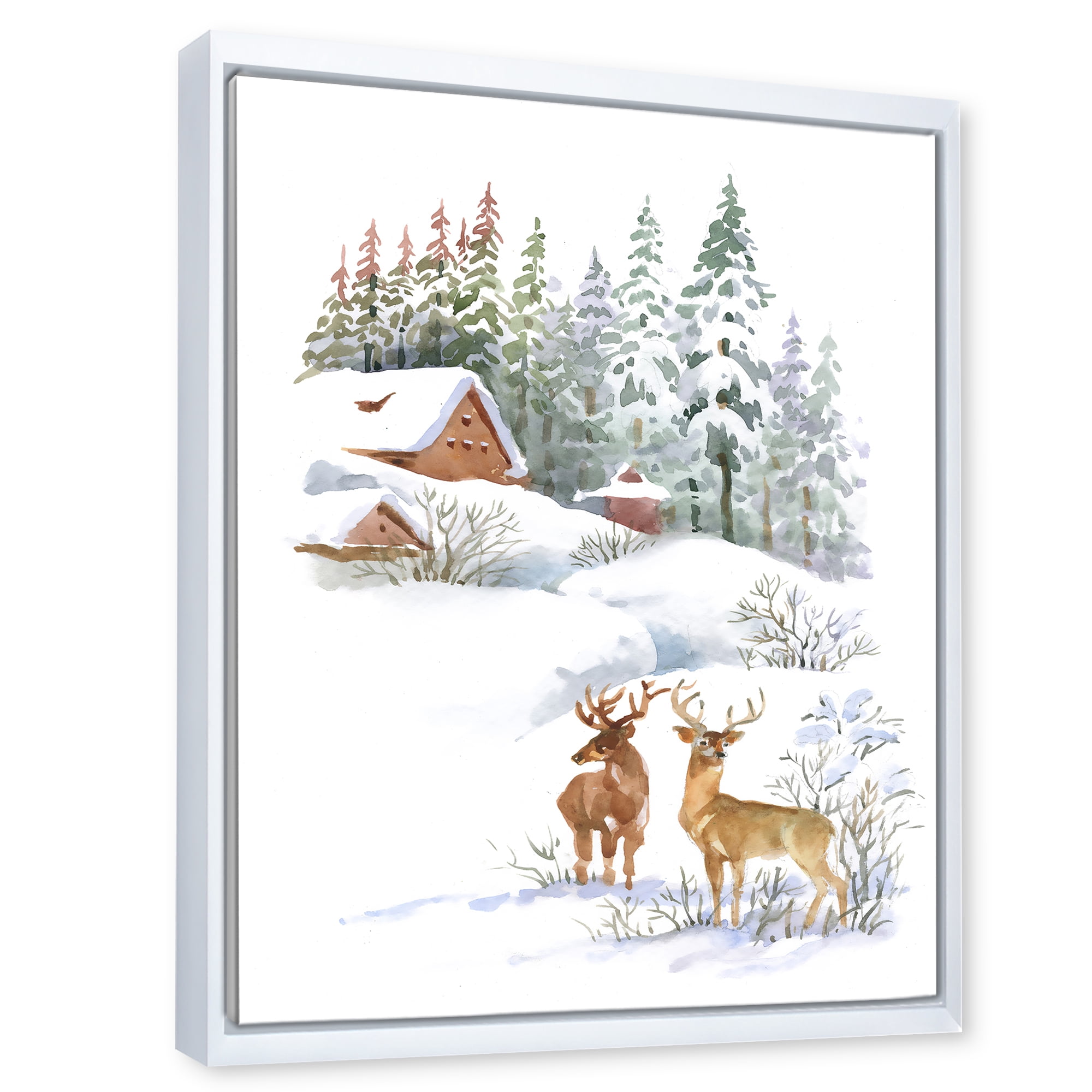Designart 'Two Deers With Winter Cottage' Farmhouse Framed Canvas Wall Art Print