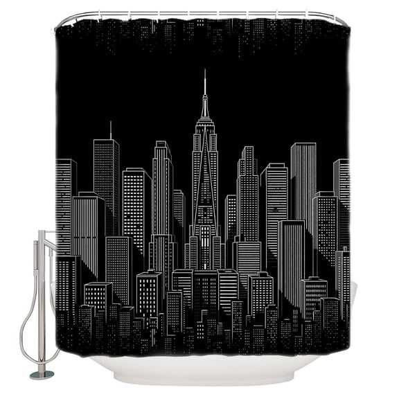 Modern City Landscape Bathroom Shower Curtains with 12 Hooks Waterproof Shower Curtain for Stalls and Bathtubs Black Night Building Cityscape Decorative Bathroom Privacy Curtain 36x72 Inches