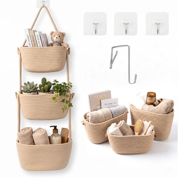 MQHOOB 3-Tier Hanging Wall Basket, Over-the-Door Organizer with 4 Hooks, Woven Storage Basket for Home, Nursery, Bedroom, Kitchen