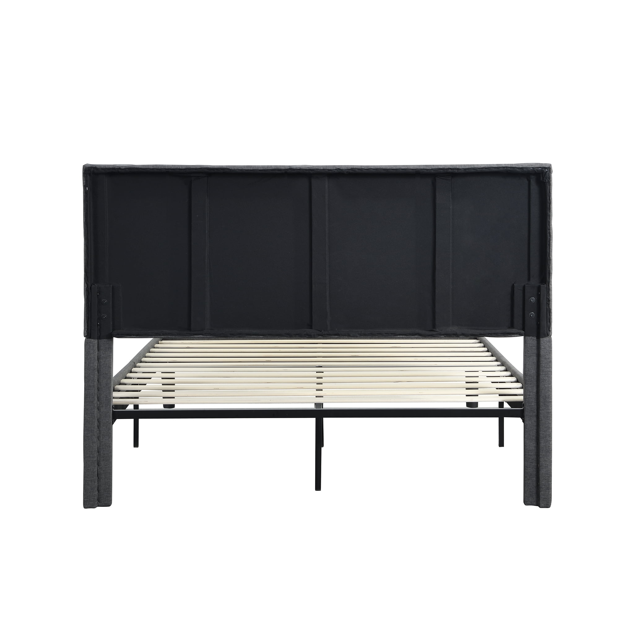 ASINMAK Queen Size Gray Upholstered Platform Bed Frame, Fabric Headboard, Wooden Slats, No Box Spring Needed