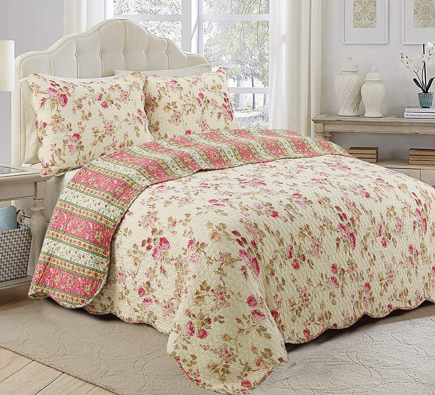 Cozy Line Home Fashions Floral Printed Reversible Cotton Quilt Bedding Set Vintage Rose King