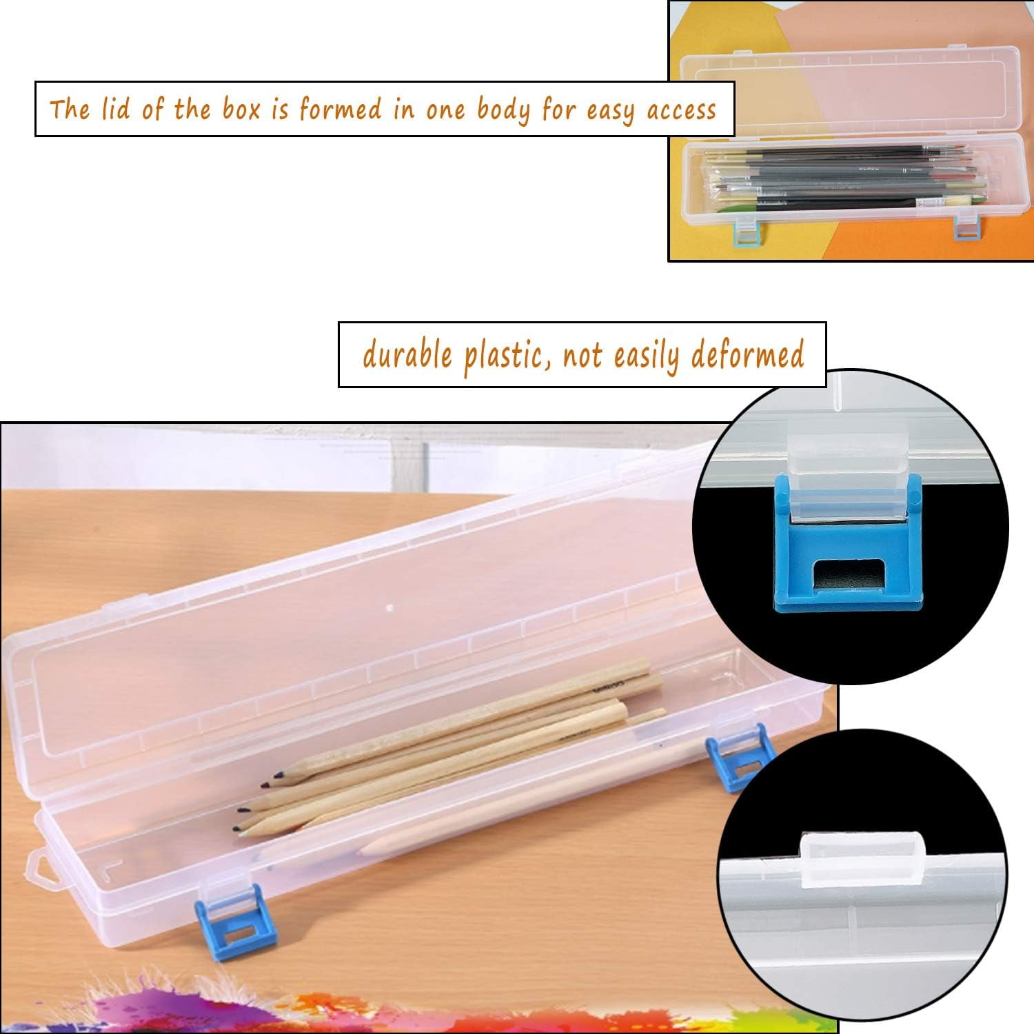 ABCISI 3PCS  Paint Brushes Storage Box, Plastic Paint Brush Holders Clear Case, Long Drawing Pen Watercolor Pens Pencils Drawing Tools Container with Buckle Design (13 x 2.7 x 1.4 inches)