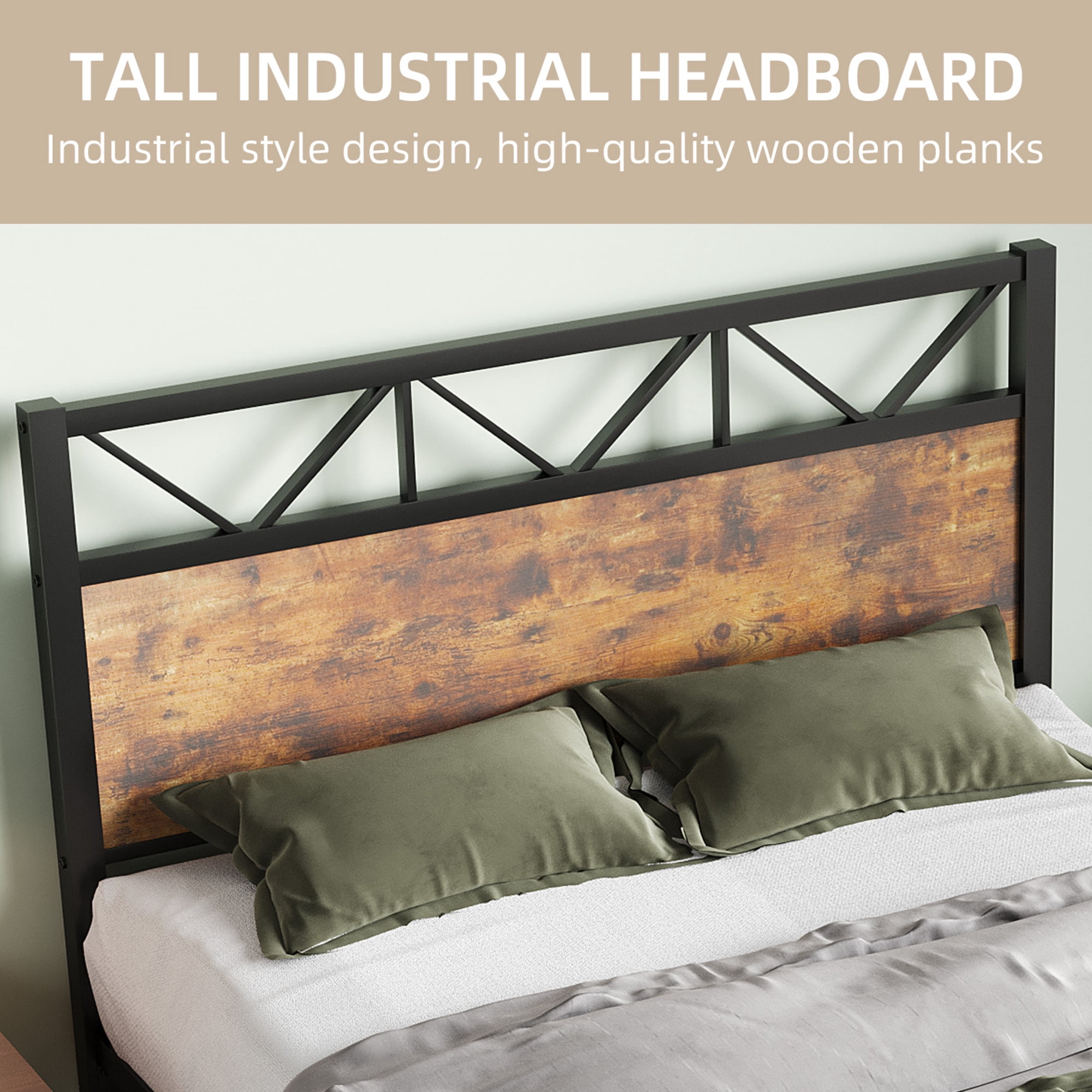 4 EVER WINNER 51.2" Industrial Metal Twin Bed Frames with Tall Headboard & Footboard, Strong Metal Slats Support and Noise-Free Design with Under Bed Storage/No Box Spring Needed, Rustic Brown