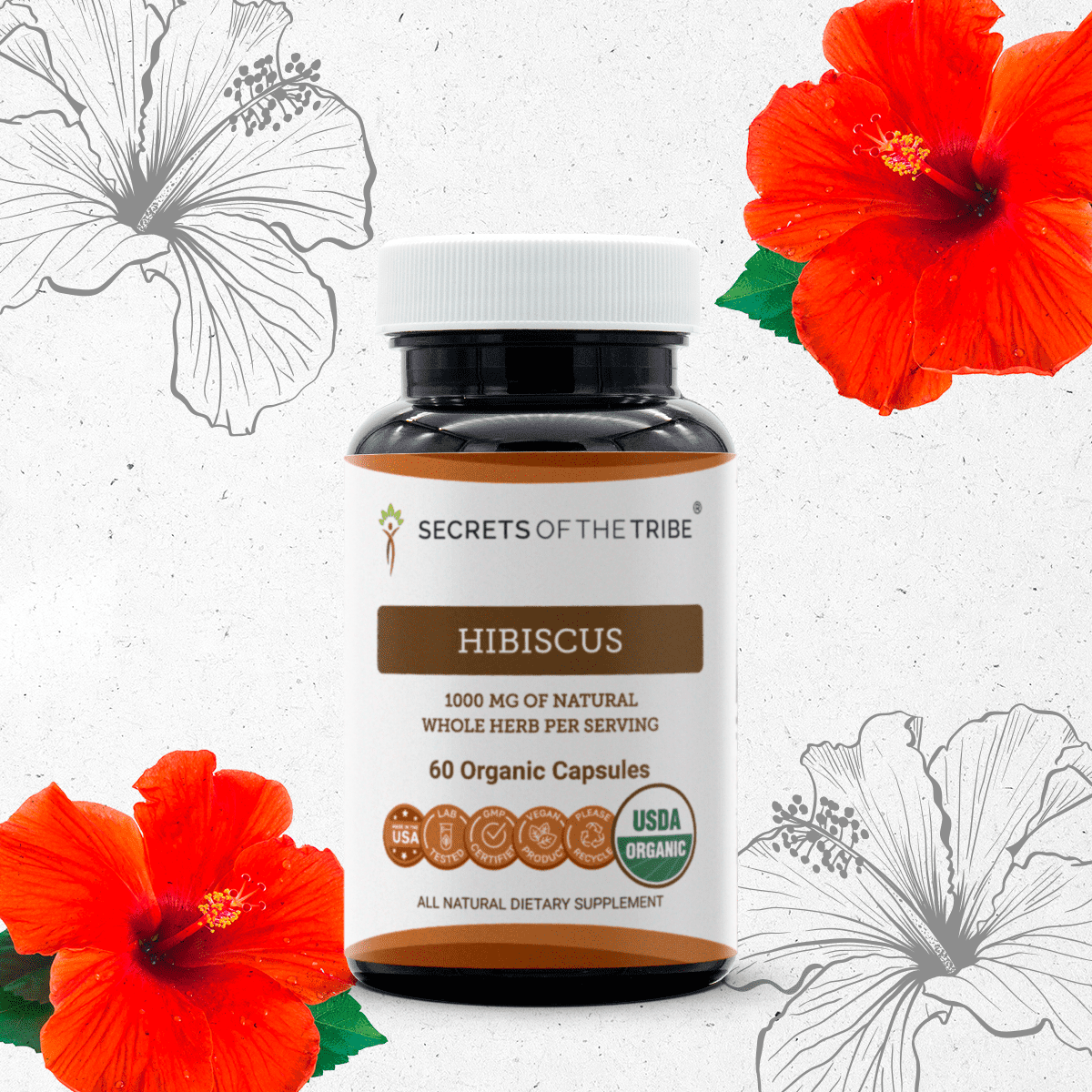 Secrets Of The Tribe Hibiscus Organic Capsules Dietary Supplement, Natural Herbal Capsules for Antioxidant Support, Certified Organic Hibiscus (Hibiscus Sabdariffa) Dried Flower, 60 Capsules