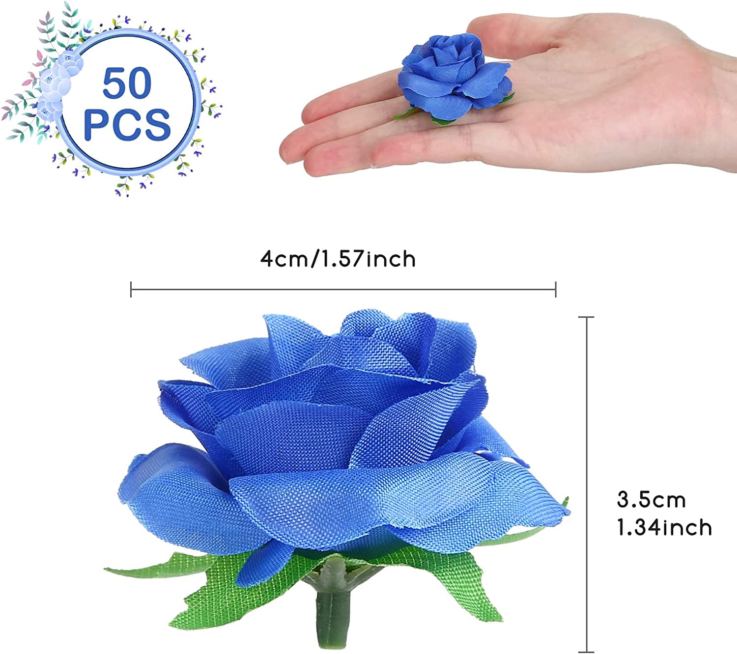 Naler 50 Pcs Royal Blue Stemless Fake Silk Roses,1.6" Artificial Flowers Bulk for Wedding Bouquets Party Birthday Decors