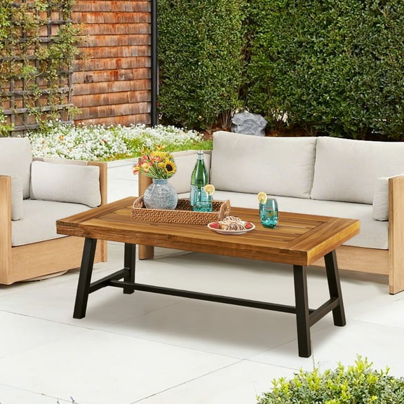SQIREP Outdoor Coffee Table Rectangle, 45.75" Acacia Wood Coffee Table All Weather Patio Coffee Table Side Table with Slatted Tabletop for Deck, Garden, Balcony, Poolside, Indoor
