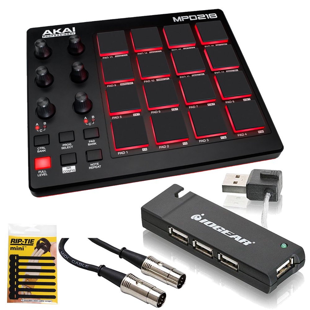 Akai MPD218 MIDI USB Pad Drum Beat Controller + 4 Port USB Hub + Cable