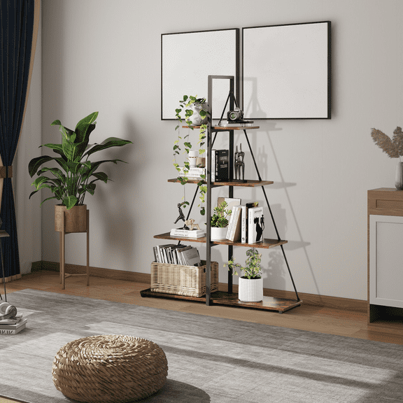 Flarhetoric 4-Tier A-Shaped Ladder Bookshelf, Steel Frame Bookcase, Display Storage Rack for Living Room, Bedroom, Office, Black Iron and Classic Wood