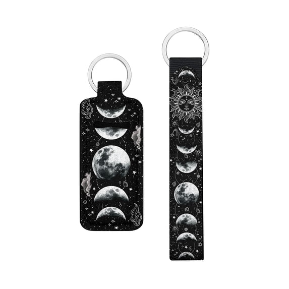 WIRESTER Lipstick Chapstick Holder Keychain Neoprene Lip Balm Holder Cover With Wristlet Keychain Lanyard for Women - Celestial Boho Sun Triple Moon Pentagram