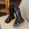 thumbnail image 4 of YMUQEIGH Girls Leather Riding Knee High Boots with Side Zipper Fashion Round Toe Comfortable Low Heel Lace Up Combat Boots Lug Sole Motorcycle Boots Little Kid/Big Kid, 4 of 7