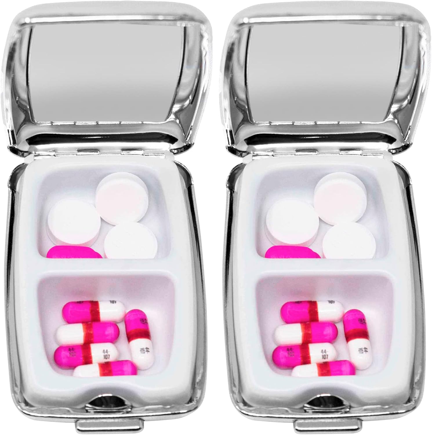 Set of 2 Etched Rectangular Pocket Purse Pill Box & Organizer With Dual Compartments (Rings)