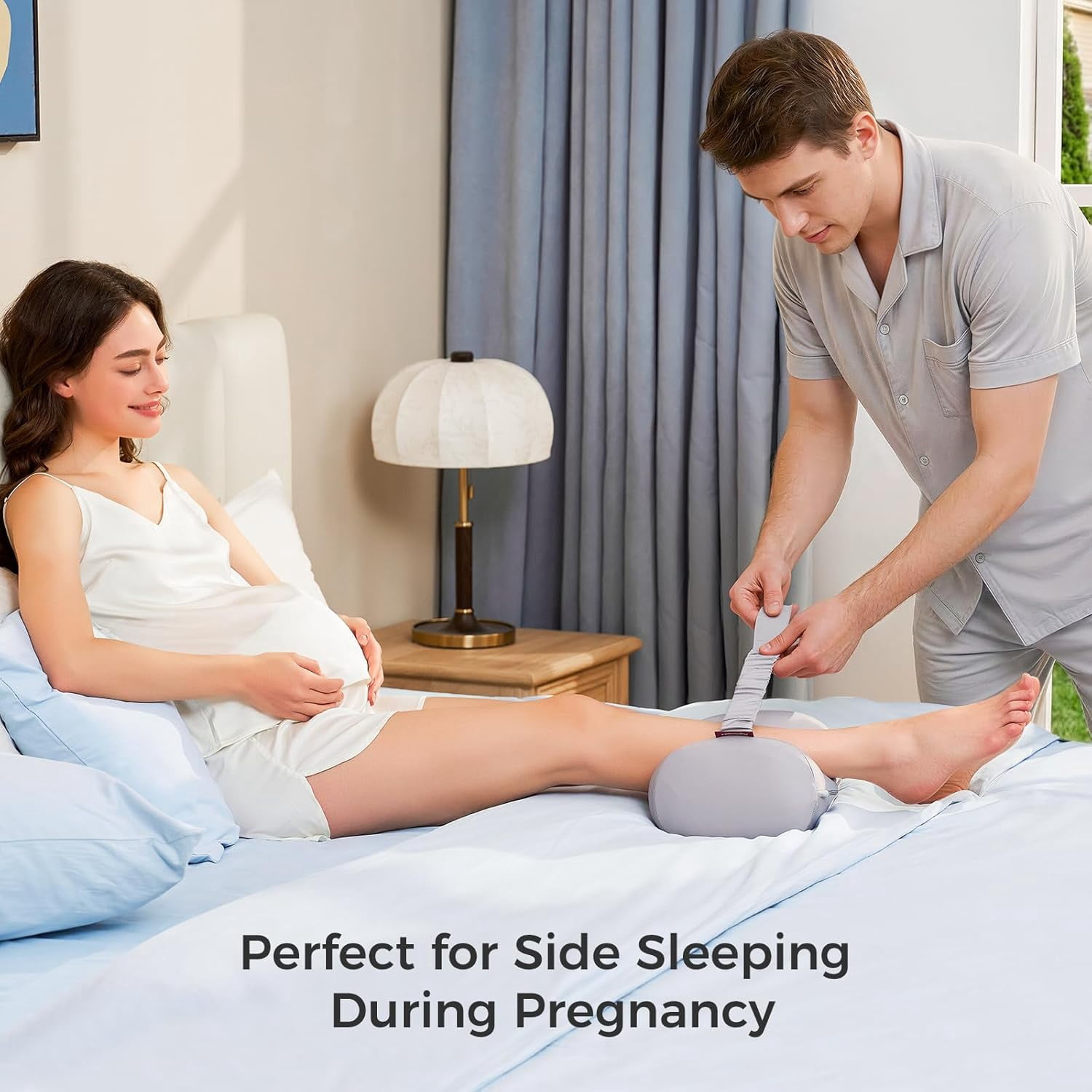 Knee Pillow for Side Sleepers, Soft Memory Foam & Pinch-Free Design, Relieve Knee, Leg and Sciatica Pain, Adjustable Elastic Strap Ideal for Pregnant Women and Seniors, Cooling Cover, Gray