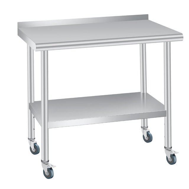 QinaQin Table de Préparation Commerciale en Acier Inoxydable, 36/48/60 x 24 Pouces avec Dosseret, Tablette Inférieure Réglable et Roulettes