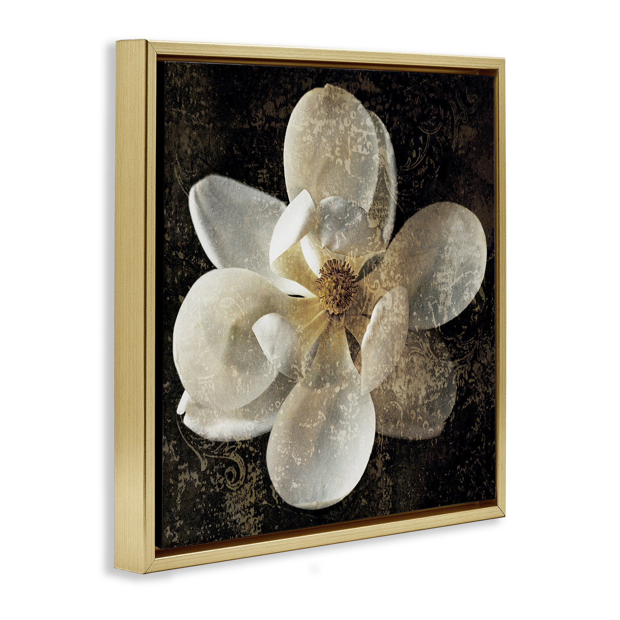 Stupell Industries Rustic Patterned Magnolia Botanical & Floral Painting Gold Floater Framed Canvas Art Print Wall Art, 18 x 18