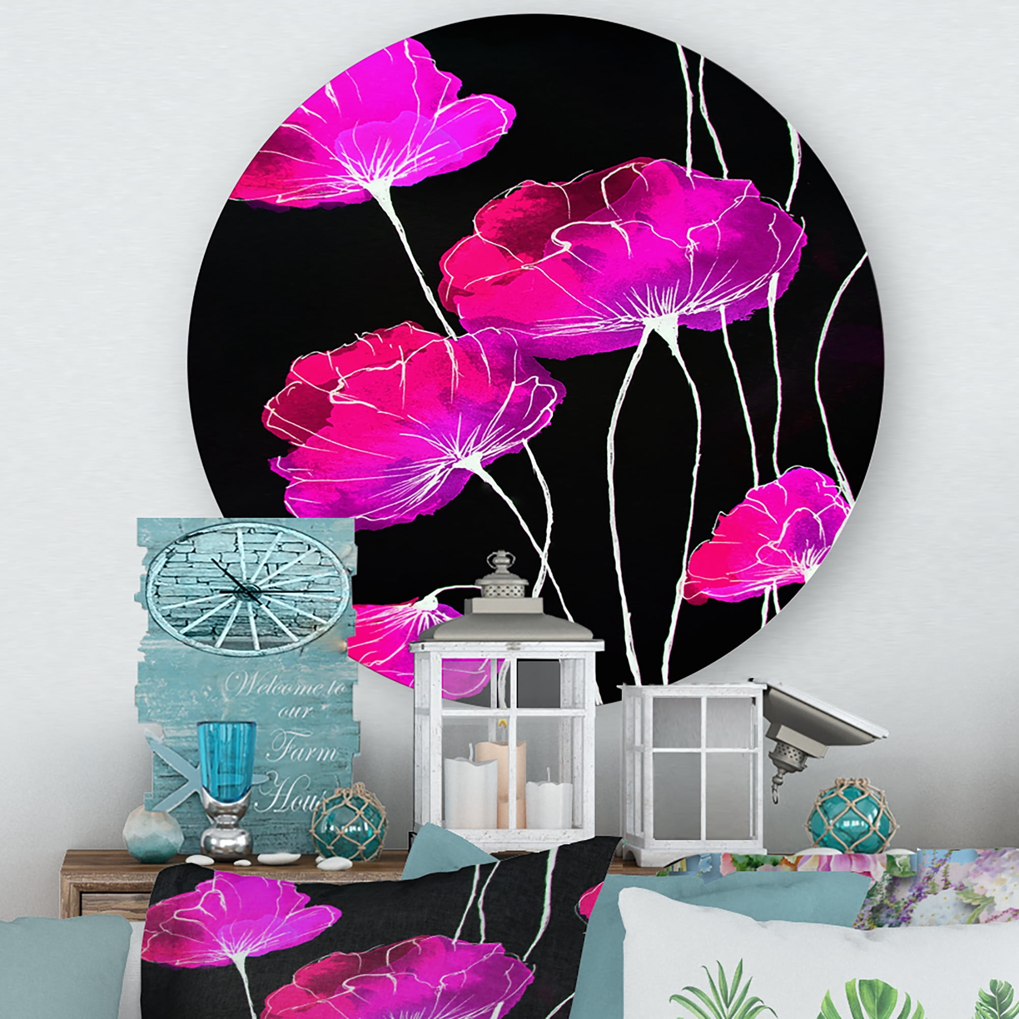 Designart 'Abstract Red Flower Detail On Black Background I' Traditional Circle Metal Wall Art 23x23 - Disc of 23