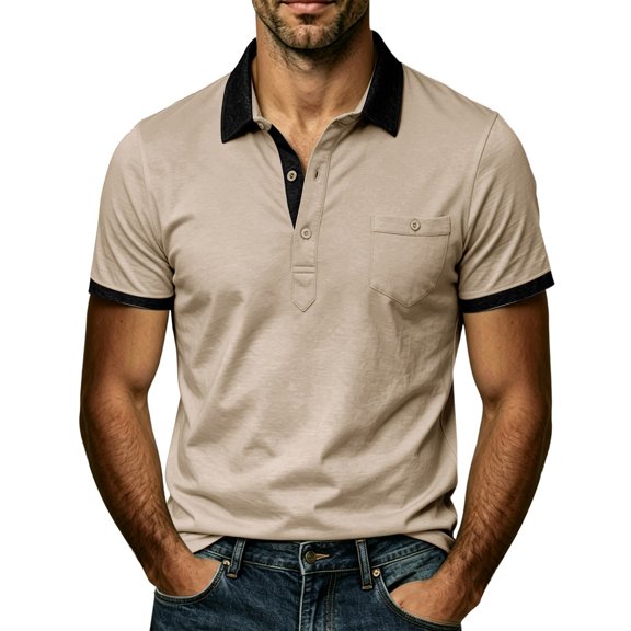 Men's Polo Shirts Collar Color Blocked Short Sleeved Button Pocket Polo Shirt Top