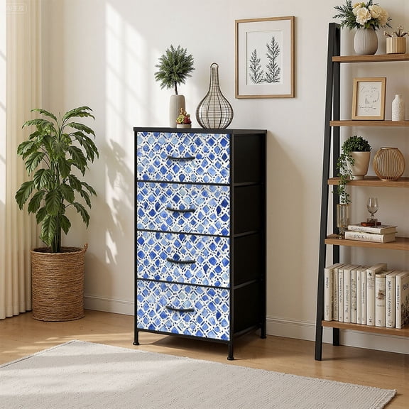 4 Drawer Vertical Storage Dresser Native batik watercolor artistic blue white Ethnic boho style with Wood Top Fabric Pull Drawers