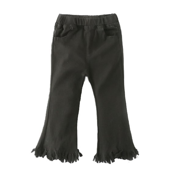 stylesilove Kids Girl Stretchy Pants With Frayed Hem (130/6-7 Years, Black)