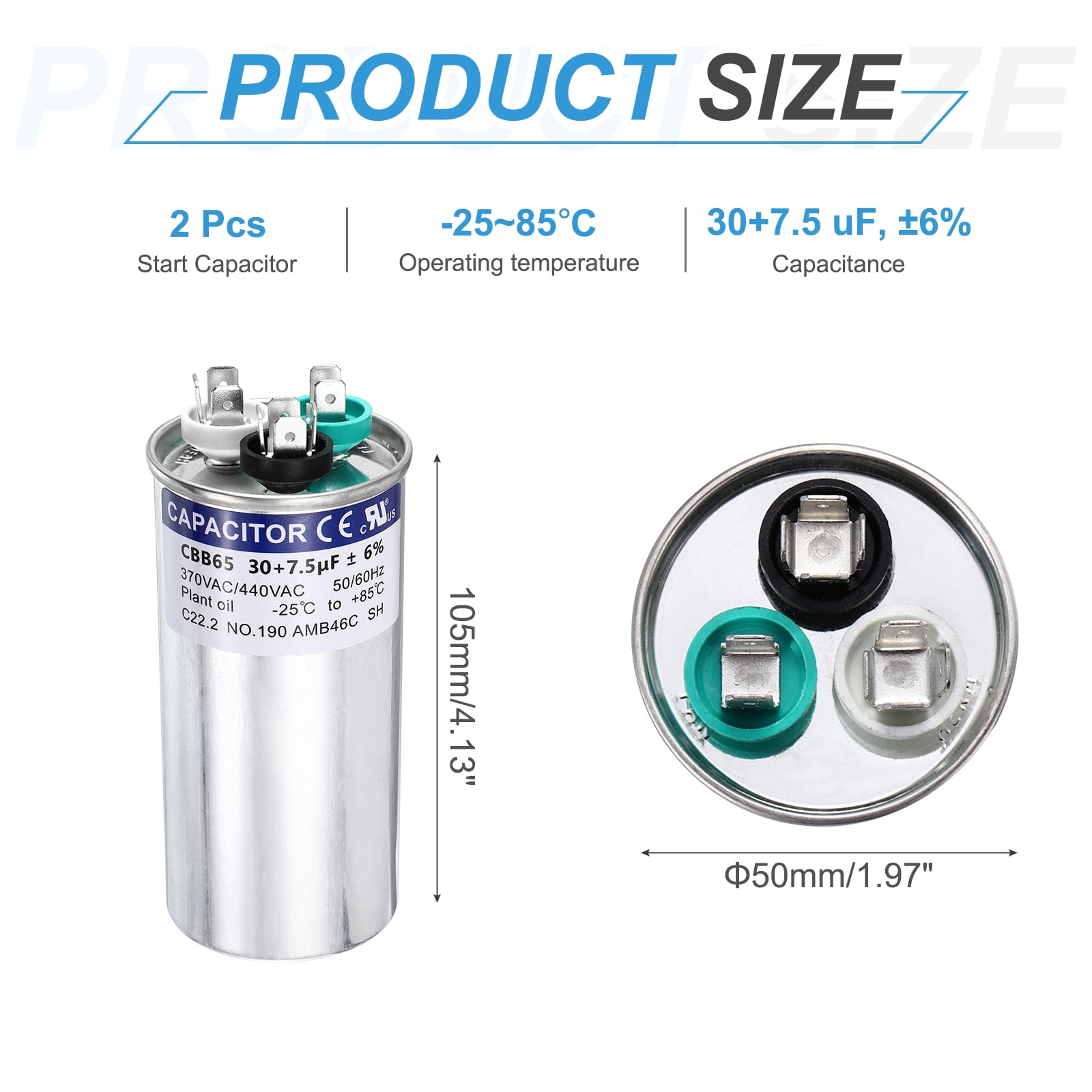 Uxcell 2Pcs 30+7.5 MFD CBB65 Run Start Capacitor 30+7.5 uF, 370/440V Round AC Capacitor for AC Motor Run, HVAC, Air Conditioner, Condenser Motors