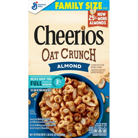 Pack of 2 General Mills Oat Crunch Almond Cheerios Cereal - Family Size, 24 oz (Package May Vary)