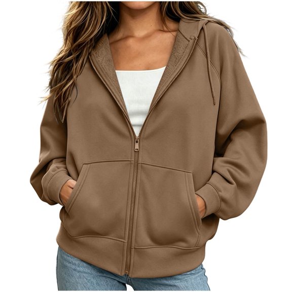 Sevevn Women's Zip Drawstring Hooded Pocket Solid Color Fleece Jacket