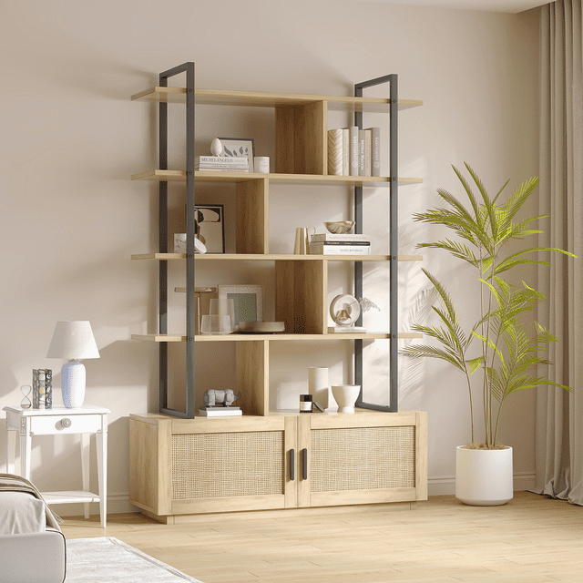 GloryStar 5-Tier Rattan Bookshelf with Storage, 71.1" Tall Classic Bookcase with Open Shelves & Metal Frame, Industrial Bookshelves for Living Room