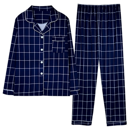 

Jalioing Sleepwear Suit Women 2 Piece Set Long Sleeve Button Shirt Elastic Stretch Waist Colorblocked Pajamas Outfits (XX-Large Blue)