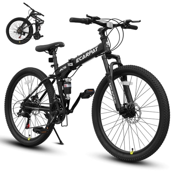 26 Inch Folding Mountain Bike Full Suspension, 21 Speed Foldable Mountain Bicycle with Dual Disc Brakes, High-Carbon Steel Frame MTB for Adults Men Women Outdoor Trail Commuter, Black