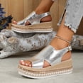 thumbnail image 6 of YgkuHd Women's Casual Wedge Sandals Glossy Metallic Faux Leather Upper Open Toe Woven Espadrille Sole Slide Style Silver,5.5, 6 of 8