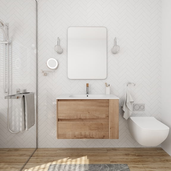 Noble House 30" Wall-Mounted Bathroom Vanity, Gel Sink, Soft-Close Drawers, Side Shelf, Eco Plywood, Imitative Oak