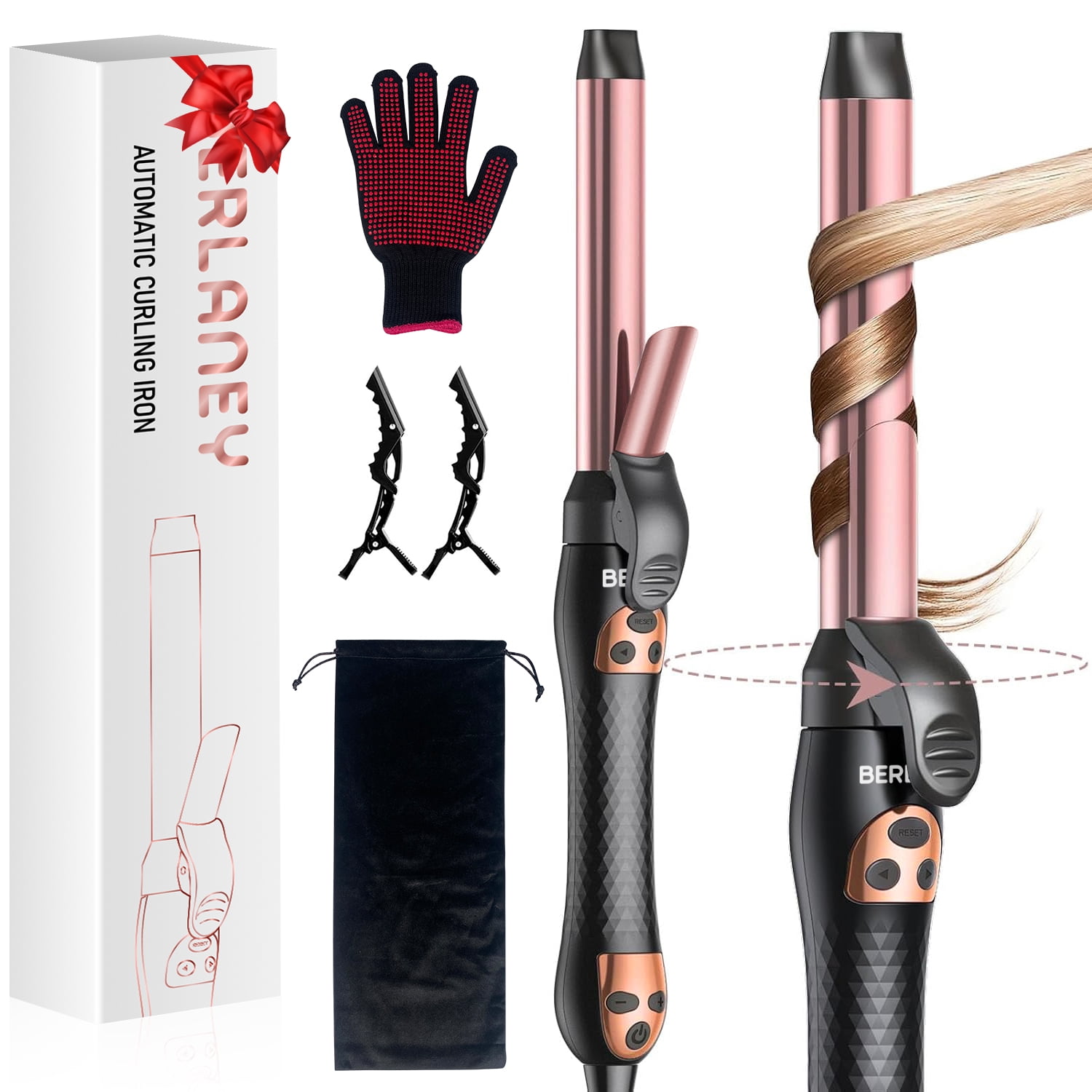 Berlaney Automatic Rotating Curling Iron, 1.25" Self Hair Curler Wand, Beach Waves Curler, Dual Voltage Fast Heat Ceramic Barrel for All Hair Types, Black