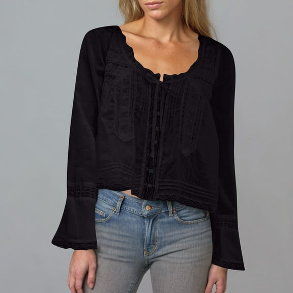 Frostluinai Lace Crop Tops for Women Bell Long Sleeve Y2K Shirts Crew Neck Tie Front Tshirts Solid Color Button Tshirts Loose Fit Summer Blouses